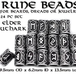 May include: Set of 24 silver-toned rune beads, each with a different Elder Futhark rune symbol. The beads are 9.5 mm in diameter and 13.5 mm long.  RUNE BEADS FOR BEARDS, DREADS OR JEWELRY 24 PC SET ELDER FUTHARK