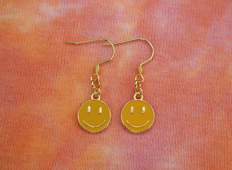 Smiley Face Earrings Happy Face Yellow Enamel on Gold Plated Etsy