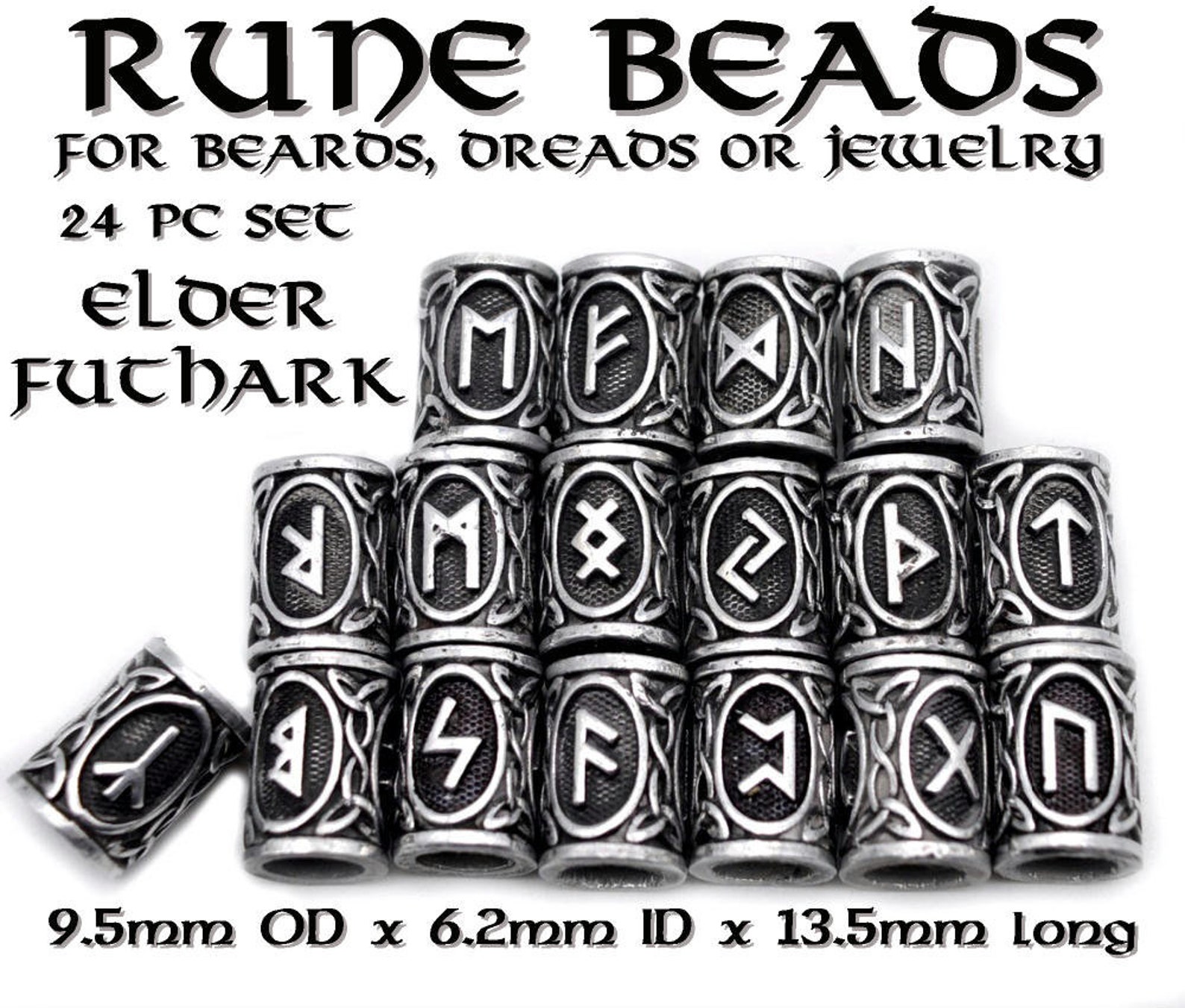Full Set 24 Pcs Rune Beads, Beard Dread Braid Viking Elder Futhark ...