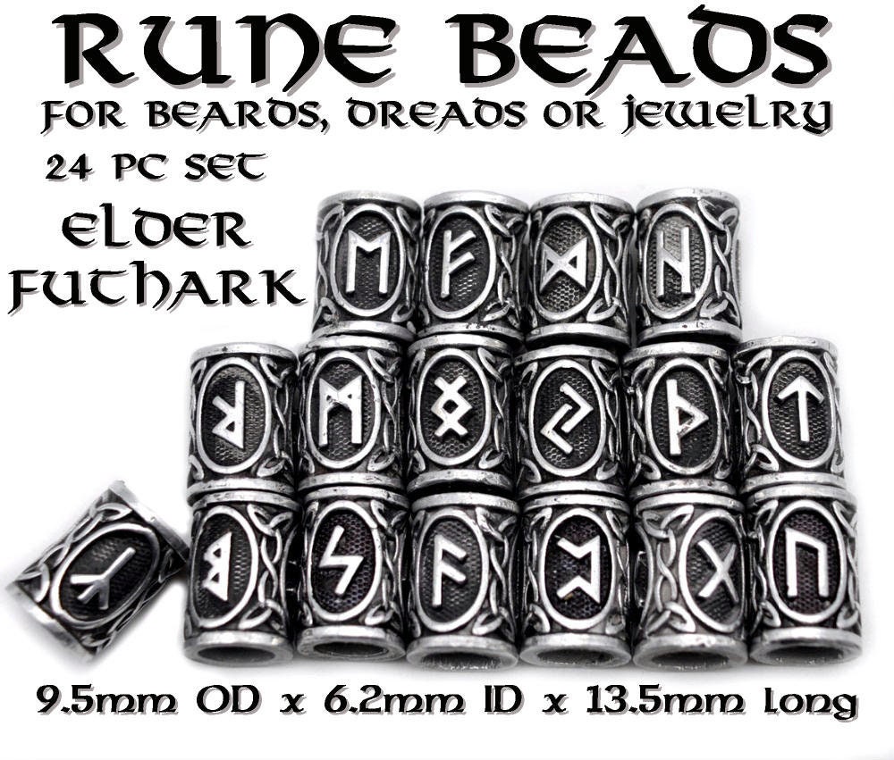 Full Set 24 Pcs Rune Beads, Beard Dread Braid Viking Elder Futhark ...