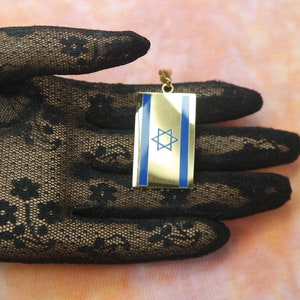 Flag of Israel Pendant, Large Waterproof Hypo Allergenic Gold Plated Stainless, Gold with Blue Enamel Inlay, Magen David Jewish Judaica