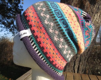 Colorful hat size S - knitted hat in bright colors and Nordic Fair Isle patterns
