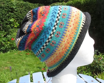 Colorful hat size S - knitted hat in bright colors and Nordic Fair Isle patterns