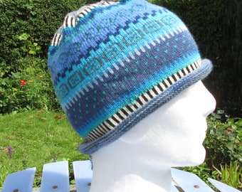 Colorful cap Size M - knitted cap in bright blue tones and Nordic Fair Isle patterns