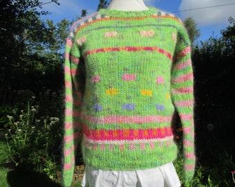 Handgestrickter warmer Pullover Gr. S mit buntem Musterstrick - bunter Pullover in leuchtenden Farben