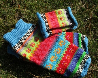 Colorful winter set for girls 5-6 years - knitted cuffs and pulse warmers in Nordic Fair Isle patterns