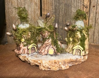Miniature fairy tree house with Australian opal chip bottles real moss