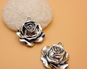 SELL 8pcs 32x35mm antique silver rose flower pendants charms