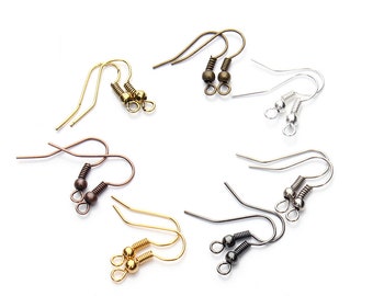 May include: Six pairs of earring hooks in different metal finishes: gold, silver, bronze, and black. Each hook has a small ball at the top and a spring-loaded closure.