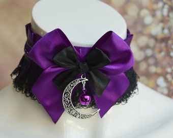 MtO - Kitten play collar - Violet moon - black and purple gothic princess ruffled lolita choker with purple bell kittenplay pet