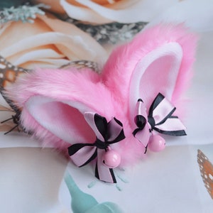 Made to Order - Kitten play clip on cat ears with ribbon bows and bell - neko lolita girl - kitten play gear accessories - pastel pink blue