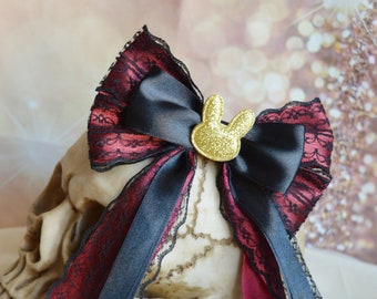 Made to Order - Lolita hair bow - cute dark red black punk gothic bow harajuku bunny romantic dark goth pastelgoth bow kawaii costume bow