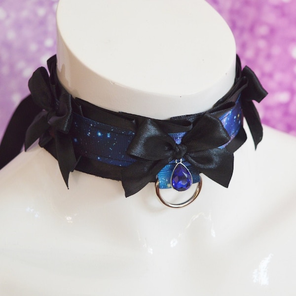 Made to Order - Kitten play collar - Mystic Space - black & Blue galaxy petplay choker kittenplay pet lolita kink ddlg collar by nekollars