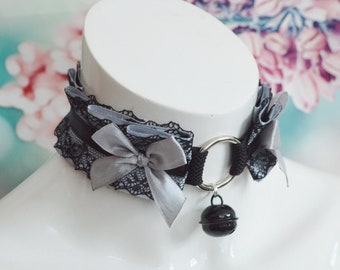 Made to Order - Gothic Kitten Collar - Victorian Bell - Black and grey lace goth steamgoth  gothic kitty vampire choker by Nekollars