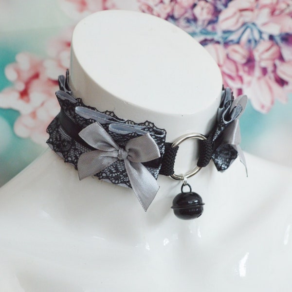 Made to Order - Gothic Kitten Collar - Victorian Bell - Black and grey lace goth steamgoth  gothic kitty vampire choker by Nekollars
