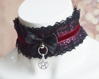 MtO - Gothic choker - Maleficum - red & black pleated necklace w/ pentagram pendant - victorian dark halloween collar by Nekollars