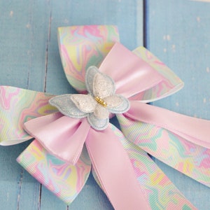Premade - Hair bow - Pastel Rainbow and pink bow w/ butterfly - fairy kei decora bow lolita harajuku princess bow kawaii costume
