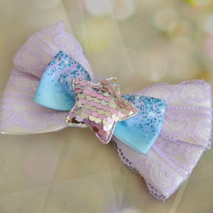 Gotowa kokarda do włosów z gwiazdą - pastelowo różowa kokarda do włosów w stylu wróżki kei decora lolita harajuku moda uliczna neko kokarda klips moda kawaii od Nekollars