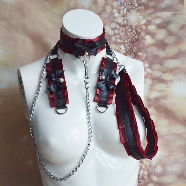 Made to Order - Kitten play collar leash and cuffs set - Demon queen - bdsm proof kittenplay gear ddlg kink petplay adult sexy black and red