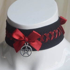 Made to Order - Gothic choker - Dark possession - black pagan witch wiccan gothic choker w/ red lacing - gothic kitten pet play collar