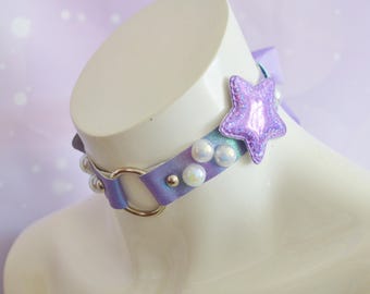 Premade - Mermaid Choker collar crafted from vegan leather - Theseea - with holographic rainbow color pearls and stars - Handmade Nekollars
