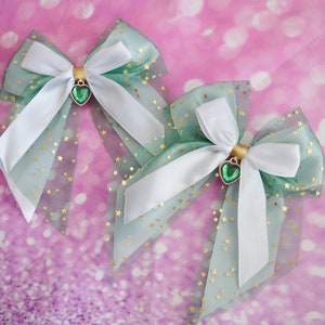 MTO - Two Hair bows - Pastel Green & White fairy kei hairbow decora lolita harajuku fashion neko bow clip fashion kawaii by Nekollars