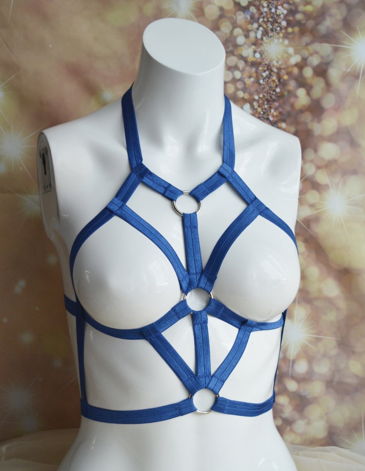 BODY HARNESS LINGERIE / navy blue elastic strap harness / cage bra lingerie