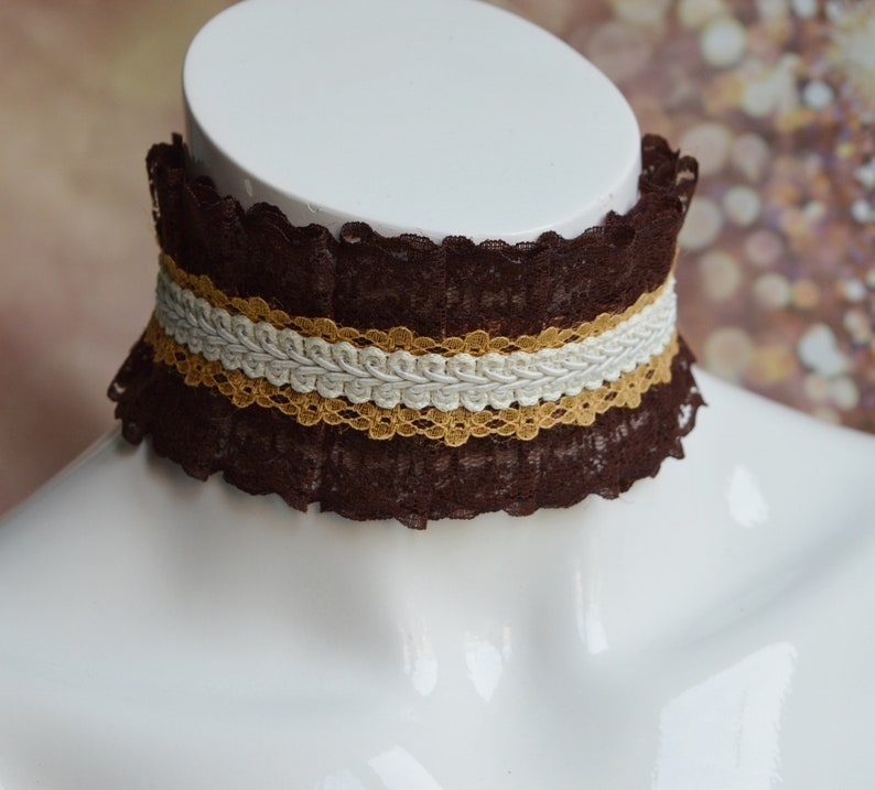 Lady Macbeth Premade Steampunk lace choker Nekollars victorian goth choker with lace braid brown beige steam punk necklace collar