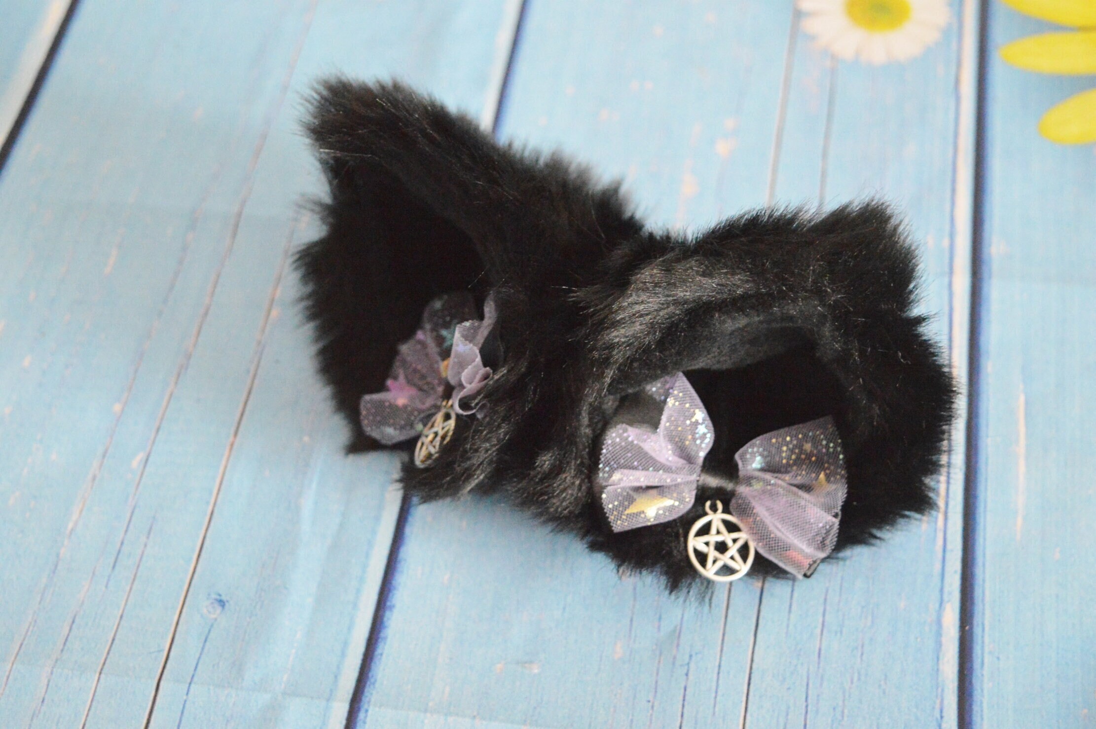 Mto Black Kitten Play Clip on Cat Ears With Ribbon Bows and