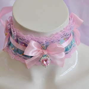Premade  - Kitten play collar - Rainbow Star- ddlg little choker with bow and bell - kawaii cute pastel pink petplay gear by Nekollars