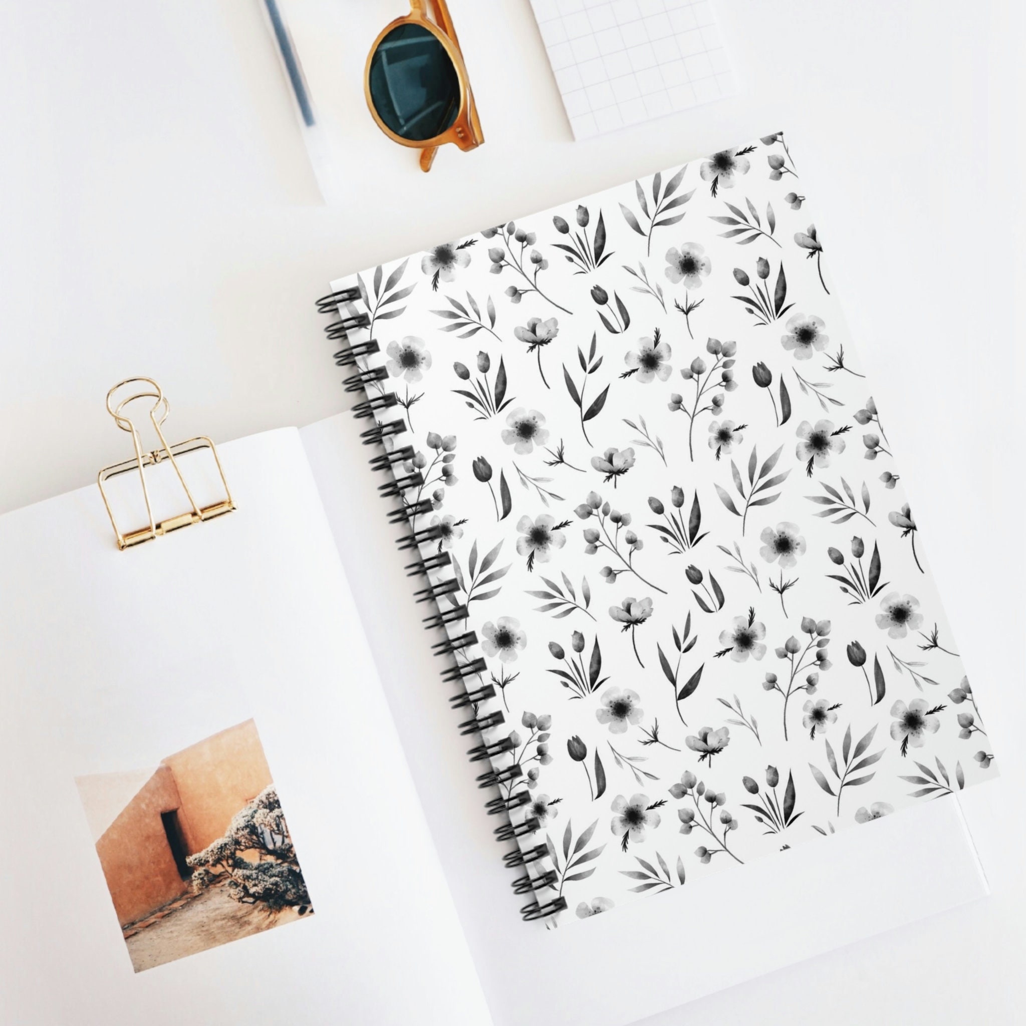 Monochromatic Black and White Floral Spiral Notebook - Ruled Line - Etsy