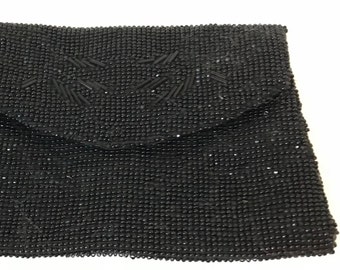 Bolso de mano vintage con cuentas, brillante, de los años 30, negro, checoslovaco, bolso de noche con cuentas hechas a mano, bolso de mano negro con cuentas de cristal checo, bolso para pintalabios