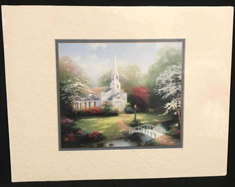 Vintage Thomas Kinkade Hometown Chapel Certified Issue Lithograph With COA Thomas Kinkade Art Print With COA With Matting 11" x 14"