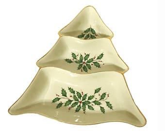 Vintage Lenox Ceramic Christmas Tree Dish Hors D'oeuvre Serving Dish In Box Divided Ceramic Holiday Relish Tray Lenox Christmas Holiday Tray