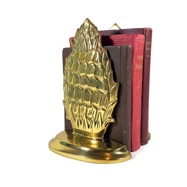 Brass Pineapple Bookends, 7.5" Mid Century Regency Shiny Gold Polished Vintage Brass Bookends, Home or Office, Gift for Him