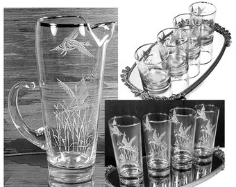 MCM Cocktail Cart Set 9 Pc, 1960s Mid Century Pitcher w 8 Glasses, Unique Barware Old Fashioned Glasses, Duck Glasses, Vintage Gift Idea