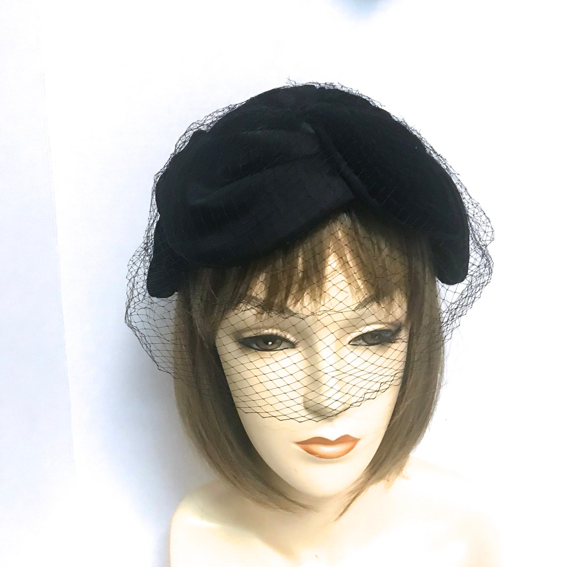 Vintage Black Fascinator Hat With Veil Mid Century Black Etsy