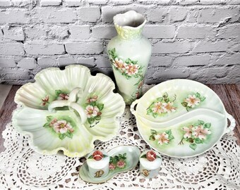 6 pc Tidbit Set, Vintage Hostess Serving Set for Tea Party, Candy Dish, Nut Dish, Hand Painted Green with Pink Blossom Flowers