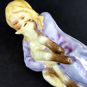 Royal Worcester Figurine, Rare 1950 English Bone China Collectible of Little Girl with Lamb, Pastel Purple, Gift Idea