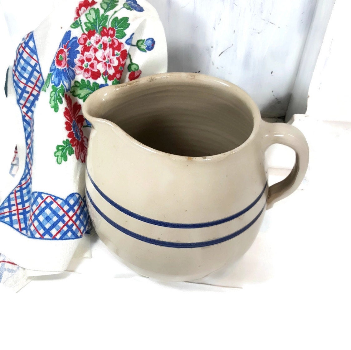 Vintage Stoneware Pitcher Blue Stripe Pottery Milk Pitcher Etsy