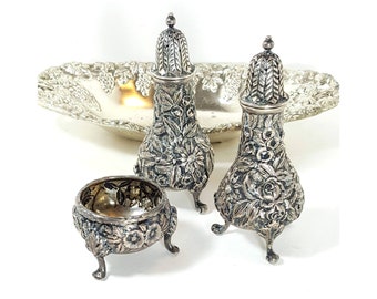 Antique Sterling Silver Salt & Pepper Set w Steiff Salt Cellar 1800's, Beautiful Antique Wedding Gift Idea