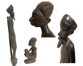 Vintage Pair African Figurine Carvings From Kenya Hand Carved African Decor Hardwood Painted Black Detailed Tribal Statues