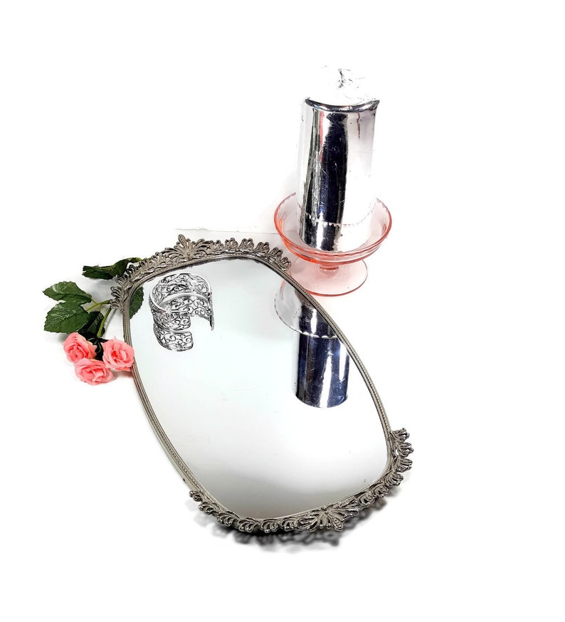 Silver Vanity Tray Mirror Vintage Perfume Decorative Mirrored Dresser Pewter Look