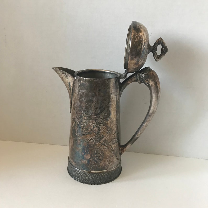 9.5 Tall Antique Silver Water Pitcher Flip Top Lid Etsy