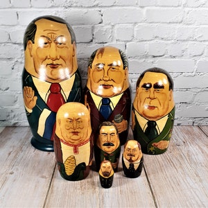 Vintage Matryoshka Russian Nesting Dolls Set 9", 7 Wooden Figures of Historic Russian Soviet  USSR Leaders, Unique Vintage Gift Idea