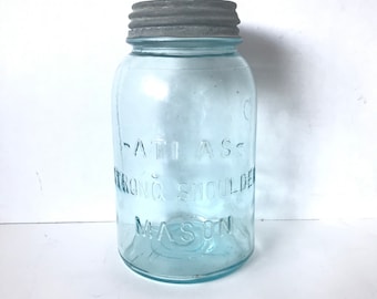 Atlas Blue Canning Jar Vintage One Quart Mason Jar With Zinc Lid Atlas Strong Shoulder Canning Jar Rustic Kitchen Decor Farmhouse Decor