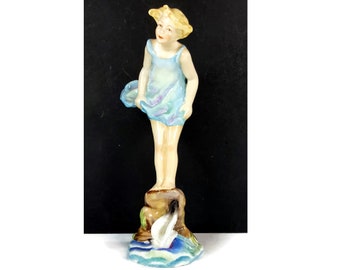 1950s Vintage English Bone China Collectible Figurine by Royal Worcester, Little Girl on Seashore Beach