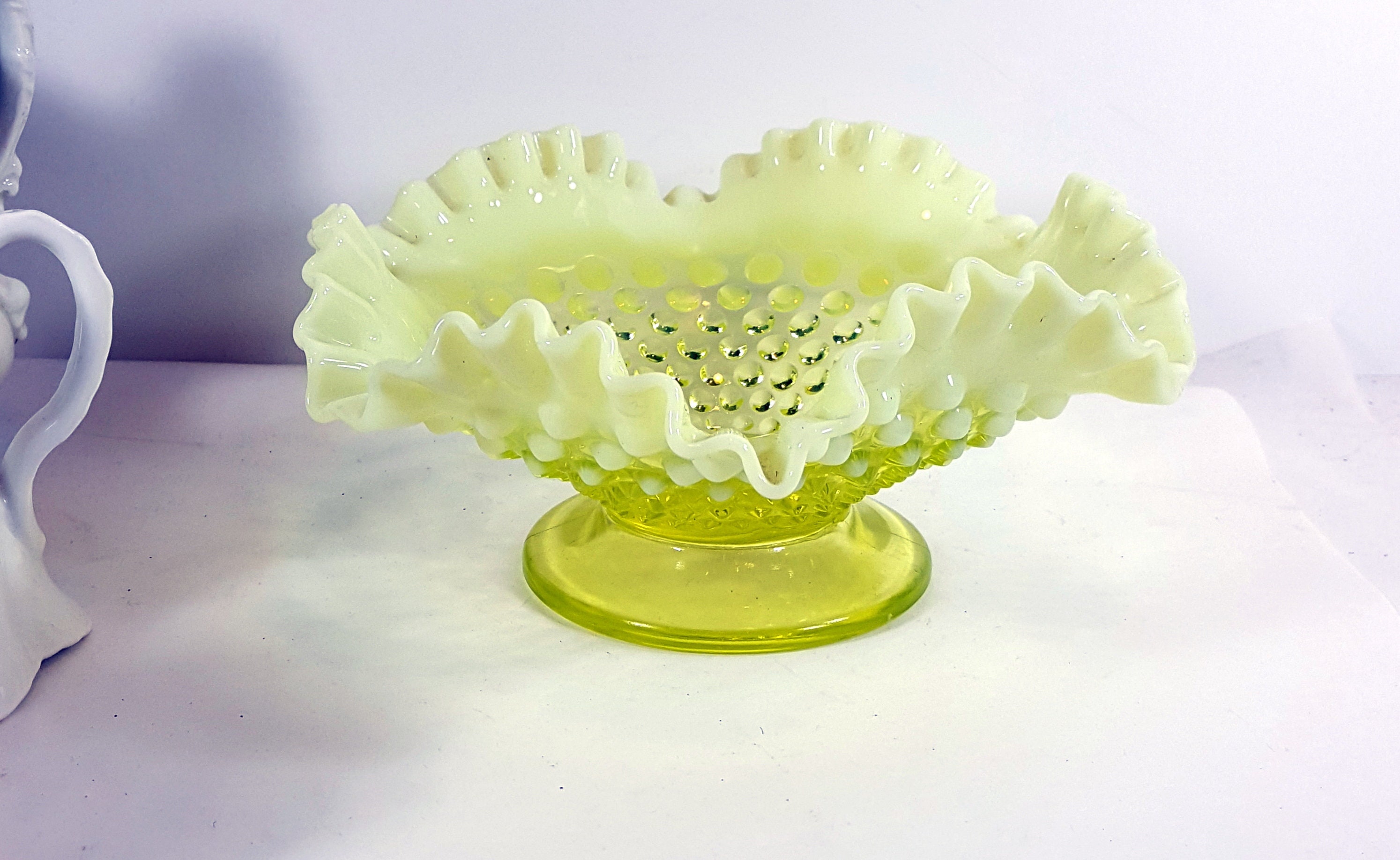 Fenton Uranium Glass Topaz Footed Candy Dish Hobnail Fenton Etsy