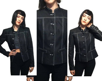 OSCAR De La RENTA Jacket Shirt Retro 1960s Designer Clothes Size 2 Mid Century Cropped Jacket Black Mandarin Collar Mod Jacket Size Sm.