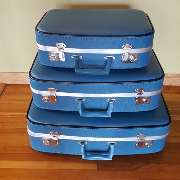 VINTAGE LUGGAGE SET 3 Blue Suitcases Mid Century Retro Luggage Hard Side with Key 1960s Suitcase Set